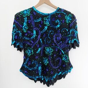 Vintage Laurence Kazar Silk Beaded Sequin Short Sleeve Top in Blue Green Size XL